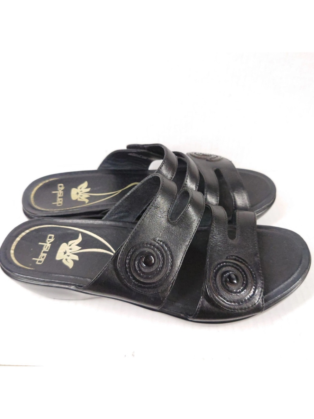 DANSKO Dixie Swirl Black Leather Slides Slip-on Sandals